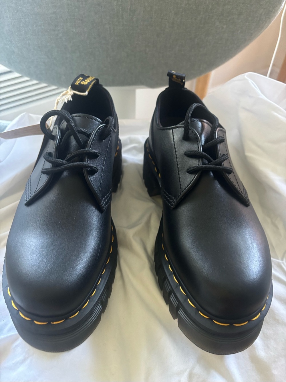 Dr. Martens Black Leather Platform Derby Shoes with Yellow Stitching - Picture 3 of 12